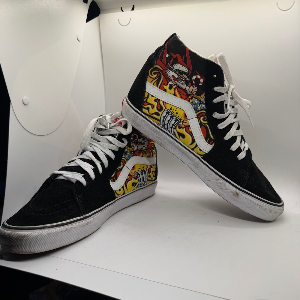 Vans Sk8-Hi Santa Claus Flame Graphic Black Suede High Top Sneakers Mens 10.5